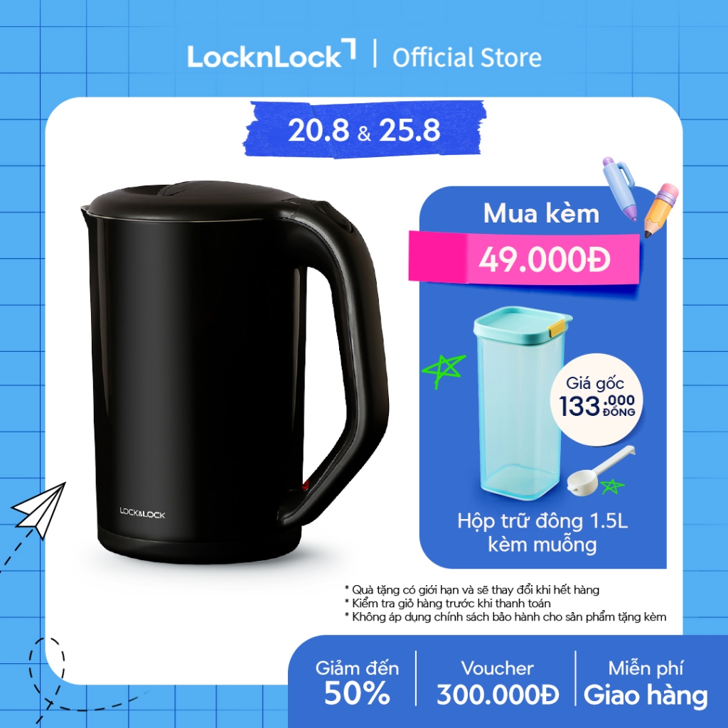 Ấm đun bằng thép không gỉ Lock&Lock, 1.7L màu đen EJK738BLK