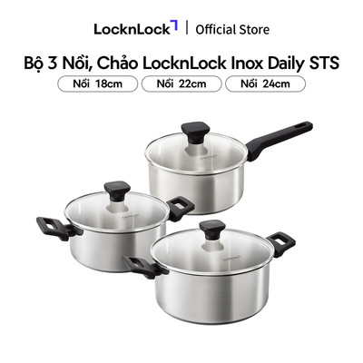 Bộ 3 Nồi Inox LocknLock Daily STS PPW bằng thép không gỉ 304 kèm nắp