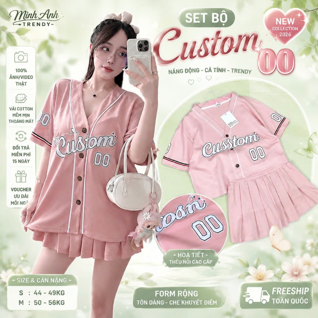 Set Chân Váy Xếp Ly + Áo Croptop Bóng Chày Nữ Custom Màu Hồng Pastel, Form Rộng Hot Trend Hàn Quốc