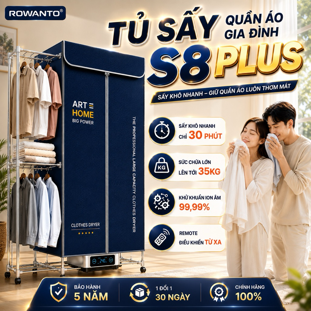 Tủ Sấy Quần Áo Chính Hãng ROWANTO S8/ S6 PLUS, Máy Sấy Quần Áo Chính Hãng Khử Khuẩn ION, Có Bánh Xe