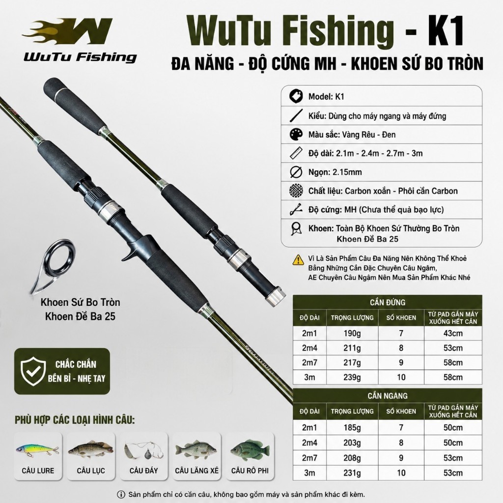 Cần Câu WuTu Fishing - K1 Đa Năng Độ Cứng MH, Cần Rỗng, Khoen Sứ Bo Tròn