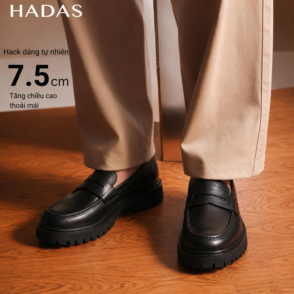 HADAS Giày Chunky Loafer Full Black - Trắng đen Tăng 7,5cm Đế Cao Su Khâu, Tăng kèm Lót Tăng Chiều C
