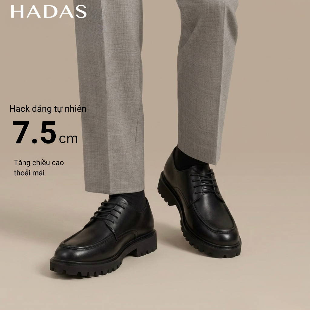 HADAS Giày Chunky Derby Viền Black White Tăng 7,5cm Đế Cao Su Khâu, Tăng kèm Lót Tăng Chiều Cao.