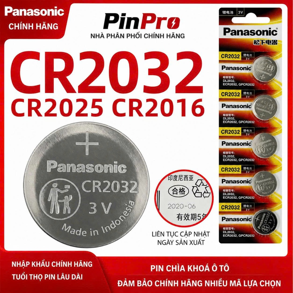 Pin Panasonic CR2032 / CR2025 / CR2016 3V Lithium Vỉ 5 viên – Giá Rẻ - Siêu Bền cho Smartkey, Smos..