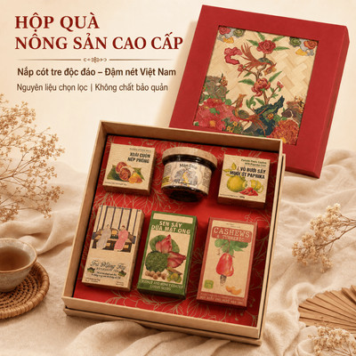 Hộp Quà Tặng Thực Phẩm Sấy Cao Cấp, Nguyên Liệu Thuần Việt, Nắp Hộp Bằng Cót Tre Độc Đáo, Kèm Túi