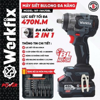 Máy siết bulong pin WORKFIX WF-IW470BL, Động cơ Không chổi than, Lực siết 470Nm, Kèm 26 Phụ kiện
