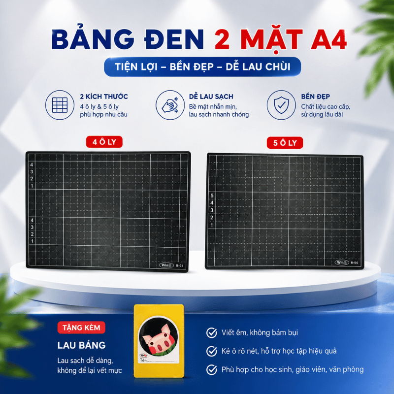 Bảng đen 2 mặt kích thước A4 4 ô ly và 5 ô ly có moust lau bảng