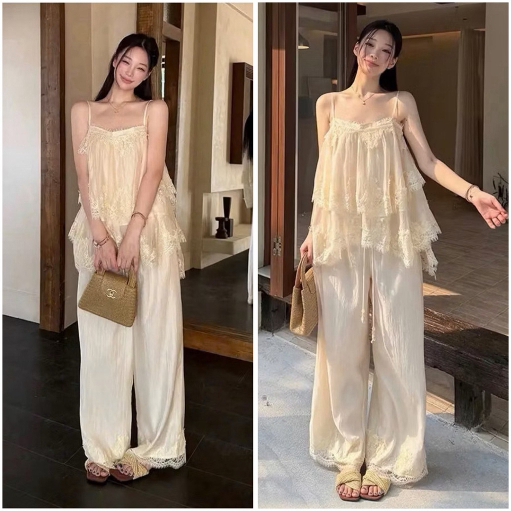 Bộ đồ ngủ - mặc nhà 2 dây quần dài bánh bèo ren tầng vàng Quảng Châu Cao Cấp