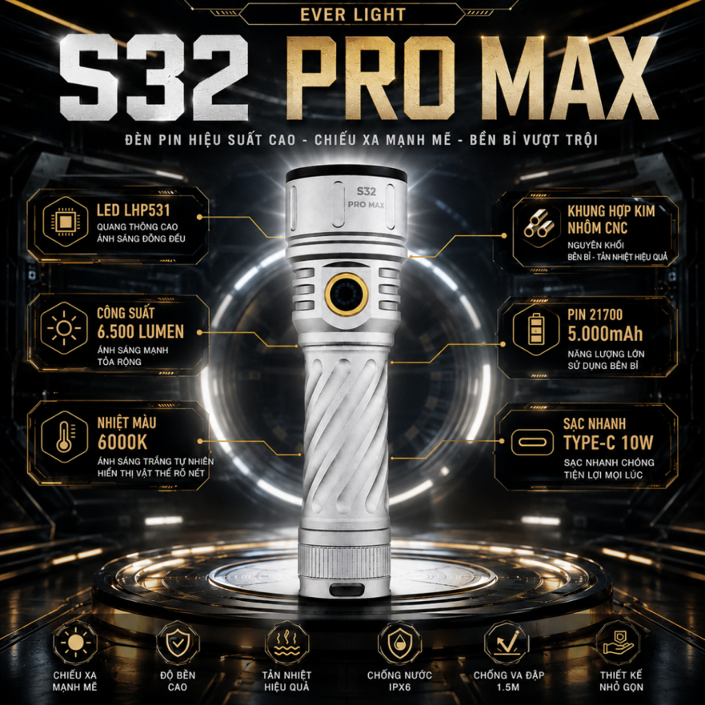 Đèn pin cầm tay siêu sáng EVER LIGHT S32 PRO MAX 6500lumen pin 21700 dung lượng cao 5000mAH  LED LHP