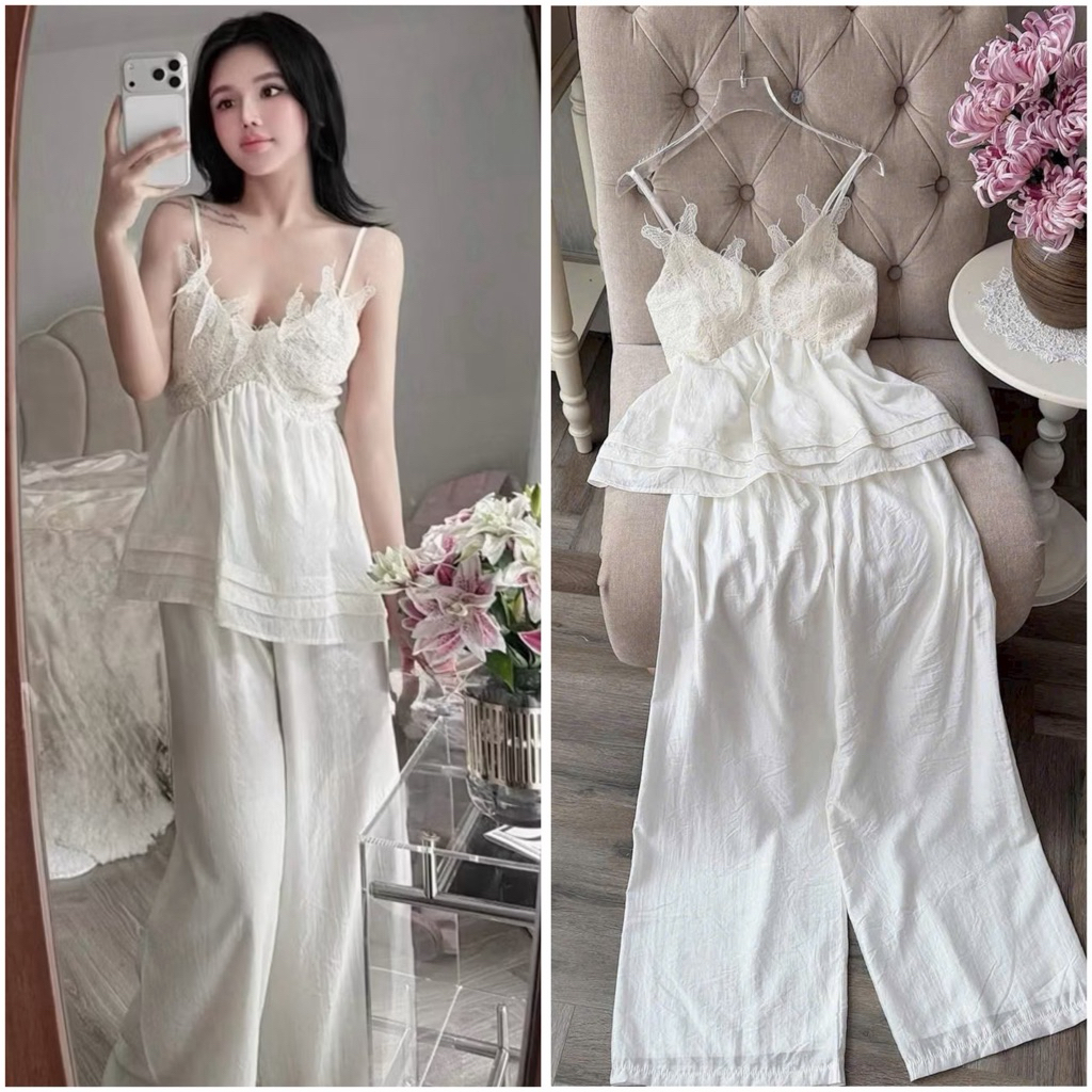Bộ đồ ngủ - mặc nhà 2 dây quần dài bánh bèo vải thô Quảng Châu cao cấp