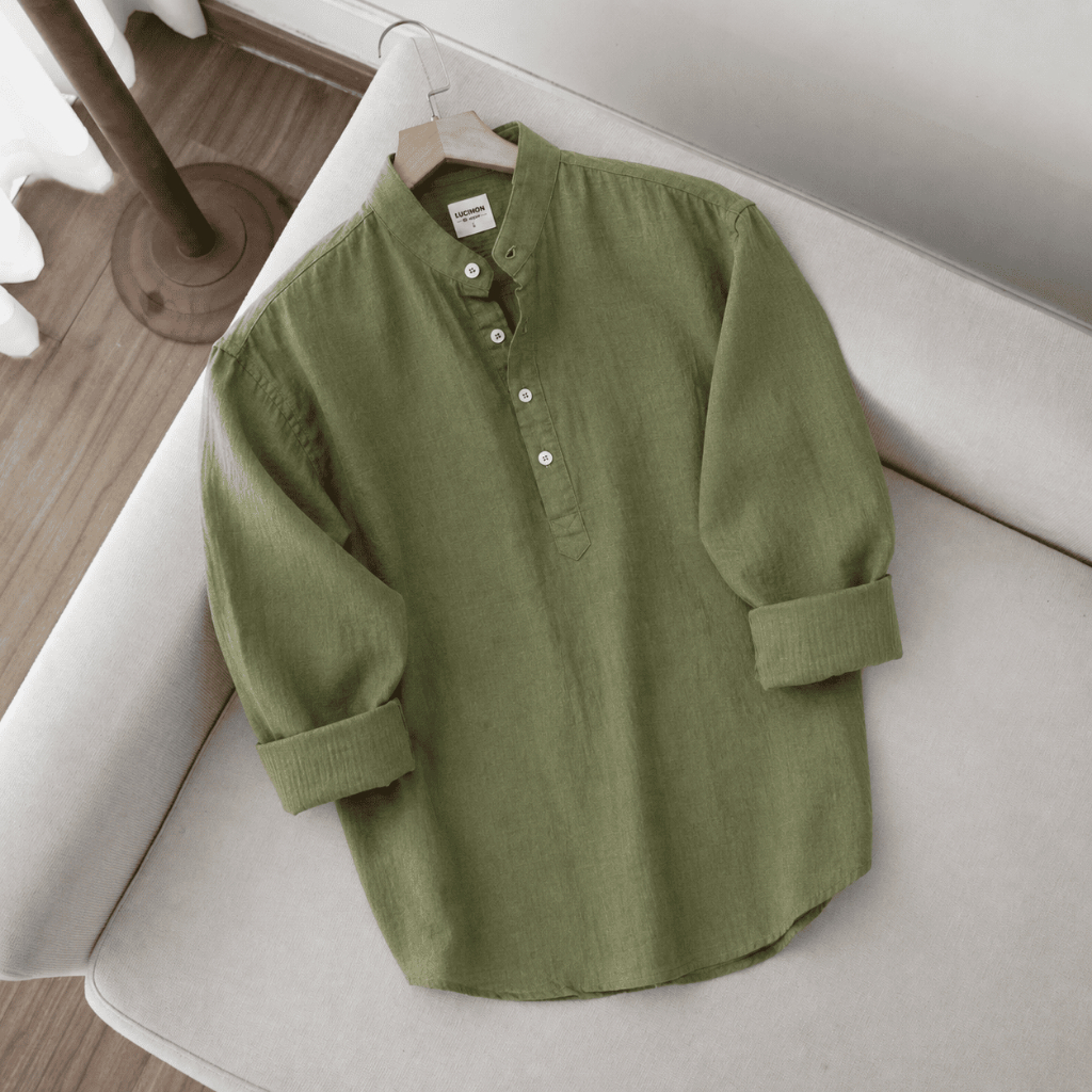 Áo sơ mi nam dài tay cổ V trụ có nút | Rêu, navy, trắng , vải Linen cao cấp thoáng mát – LINEN CRAFT