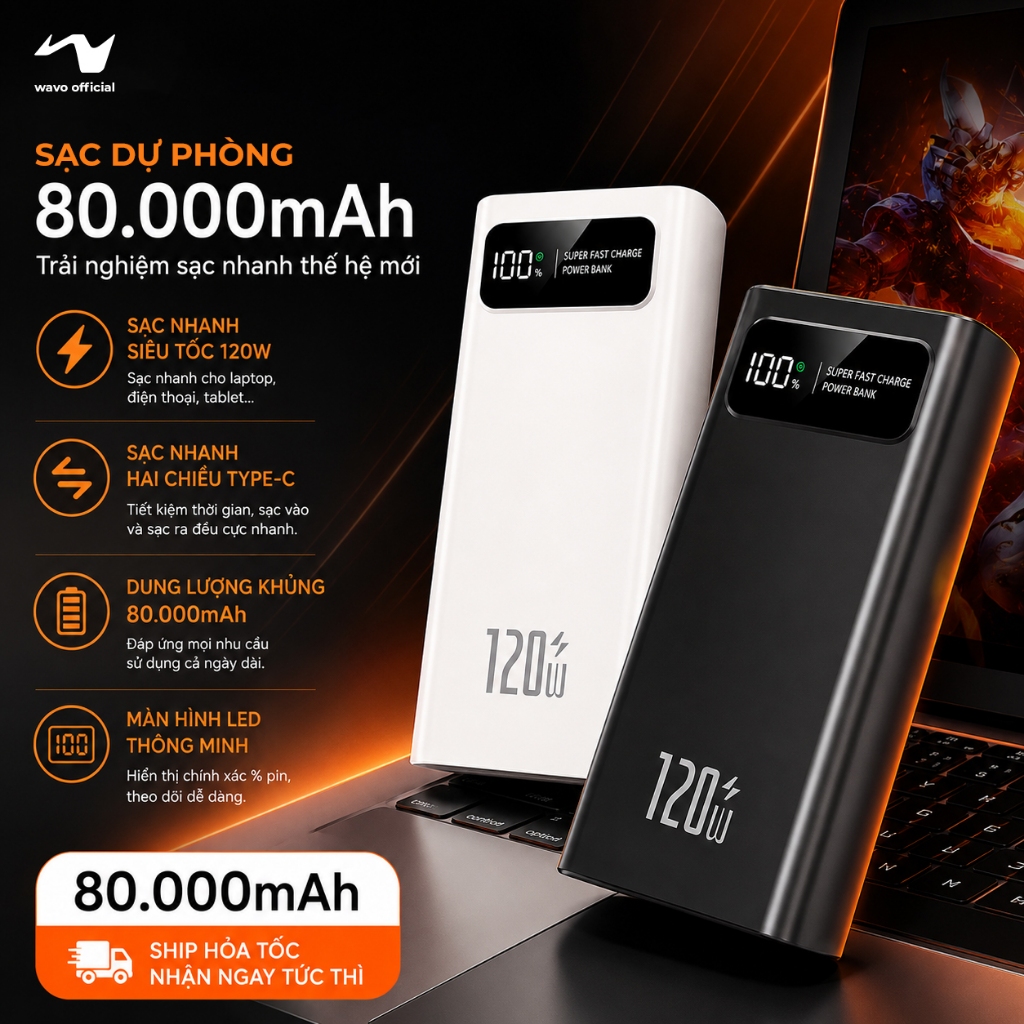 Sạc Dự Phòng 80000mAh 120W Sạc Nhanh PD20W - 6 Cổng, Màn Hình LED, Pin Dự…