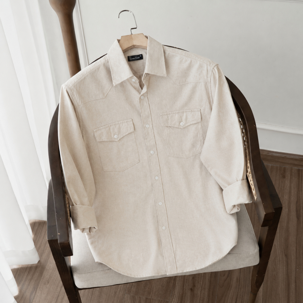 Áo sơ mi nam dài tay vải da lộn cao cấp có 2 túi sang trọng| Begie – LINEN CRAFT