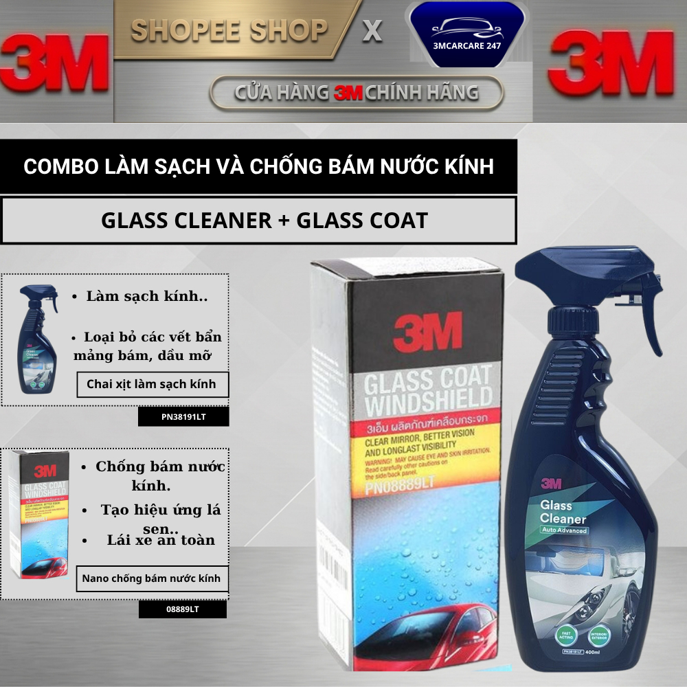 [HỎA TỐC] 𝐂𝐎𝐌𝐁𝐎 2 chai làm sạch 𝐆𝐥𝐚𝐬𝐬 𝐂𝐥𝐞𝐚𝐧𝐞𝐫 và chống bám nước kính 𝐆𝐥𝐚𝐬𝐬 𝐂𝐨𝐚𝐭 𝐖𝐢𝐧𝐝𝐬𝐡𝐢𝐞𝐥𝐝 𝟑𝐌.
