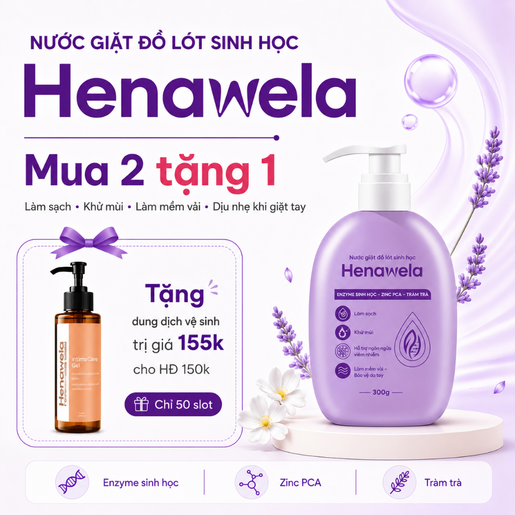 Nước giặt đồ lót sinh học Henawela for WOMEN 4.0 Enzyme tự nhiên, làm sạch chuyên sâu, kháng khuẩn, kháng nấm; Chai 300g