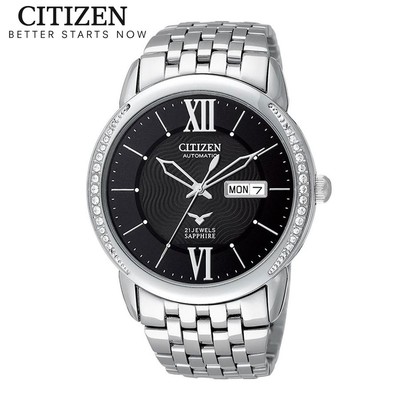 Đồng Hồ Nam Citizen Automatic Đính Đá Swarovski Dây Thép Không Gỉ NH8270-56E - Mặt Đen (Sapphire)