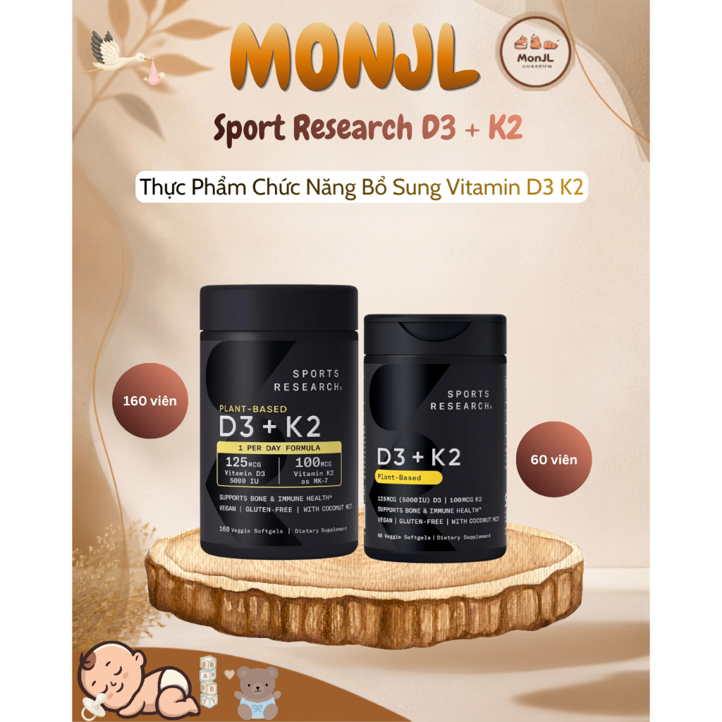 Vitamin D3 + K2 SPORTS RESEARCH SR mẫu mới Veggie Softgels