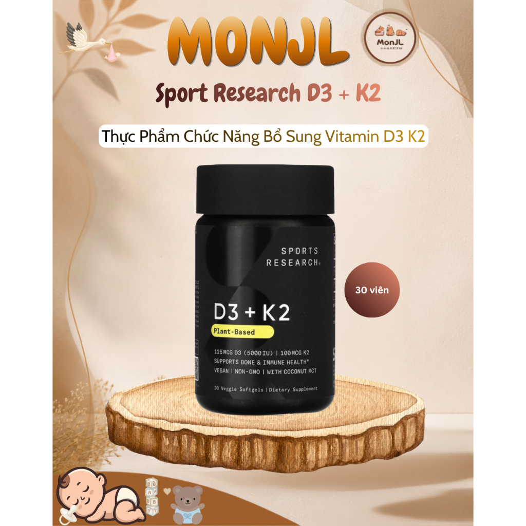 30 Viên uống hỗ trợ sức khỏe xương D3+K2 Sport Research Plant Base cải thiện hệ miễn dịch