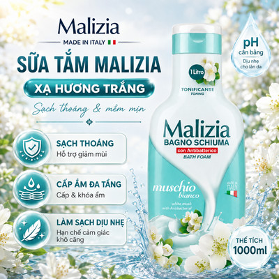 Sữa Tắm Dưỡng Ẩm MALIZIA Xạ Hương Trắng 1000ML – Sạch Thoáng, Dưỡng Ẩm & Hương Thơm Thanh Lịch