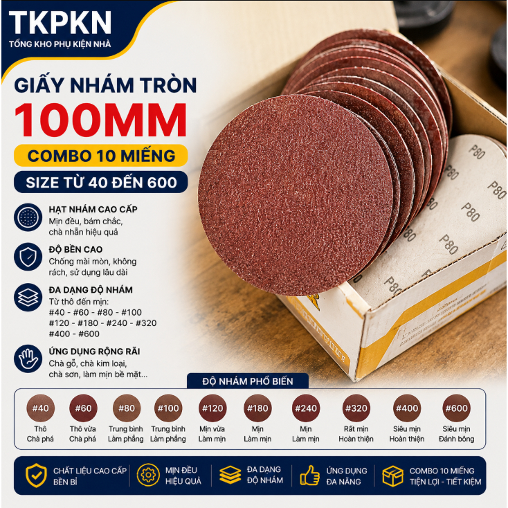 [Combo 10 Miếng] Giấy Nhám Tròn 100mm – Đủ Độ Nhám P40 Đến P600, Nhám Chà Gỗ, Kim Loại, Sơn