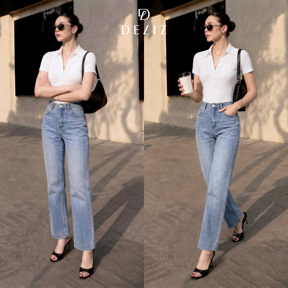 Quần jean nữ ống đứng tôn dáng, quần kaki jean phong cách trẻ trung hiện đại DELIZ J419 (đã cắt sẵn khuy)