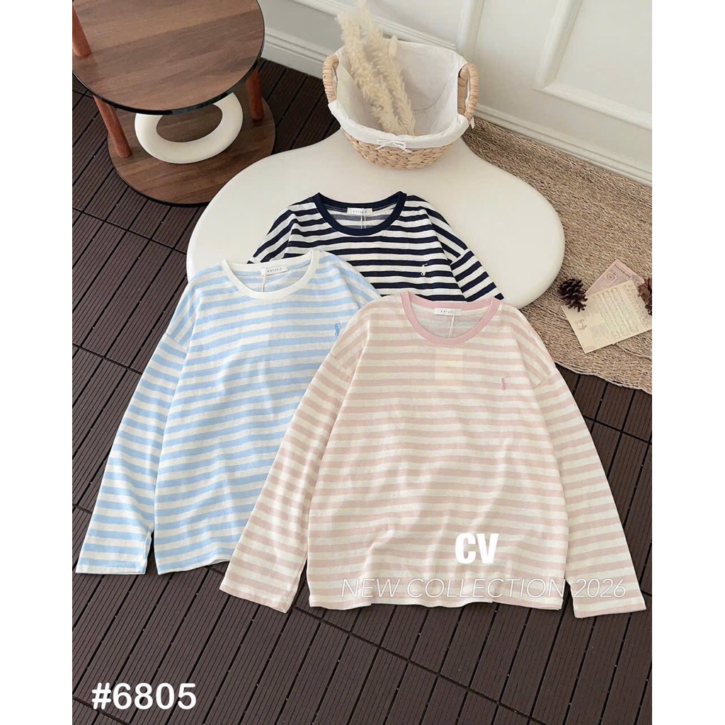 Áo phông kẻ dài tay thêu ngựa chuẩn hàng A.Studio (CV6805)