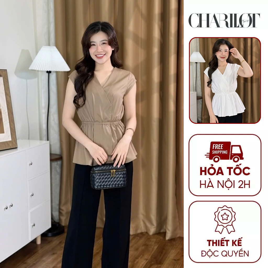 Áo Peplum Cổ Chéo Eo Thun Thiết Kế Charllot Áo Công Sở Tôn Dáng Basic Dễ Phối Đồ
