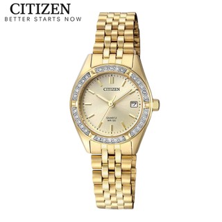 Đồng hồ nữ citizen pin-quartz đính đá swarovski dây thép không gỉ eu6062-50p - mặt vàng