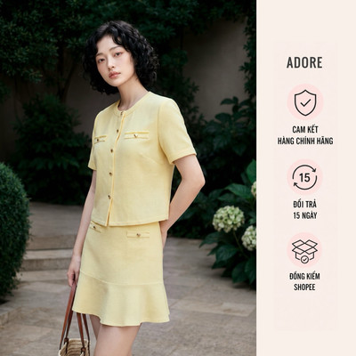[ ADORE ] Set Áo top vàng kem khuy trái tim 611TO1028 - Chân váy mini xoè vàng kem 611SK1010