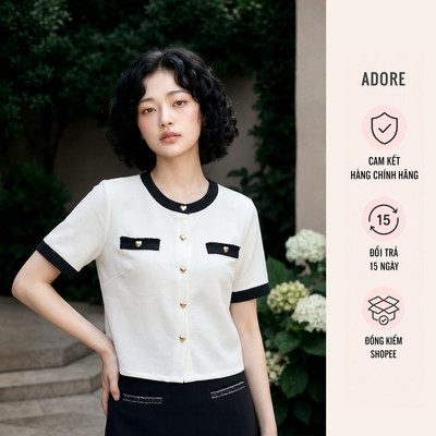 [ ADORE ] Set Áo trắng phối đen khuy trái tim 611TO1028 - Chân váy A mini basic phối dây lấp lánh 613SK0002