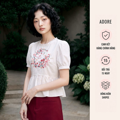 [ ADORE ] Áo peplum cổ nhún thêu linh lan hồng - 611TO1007