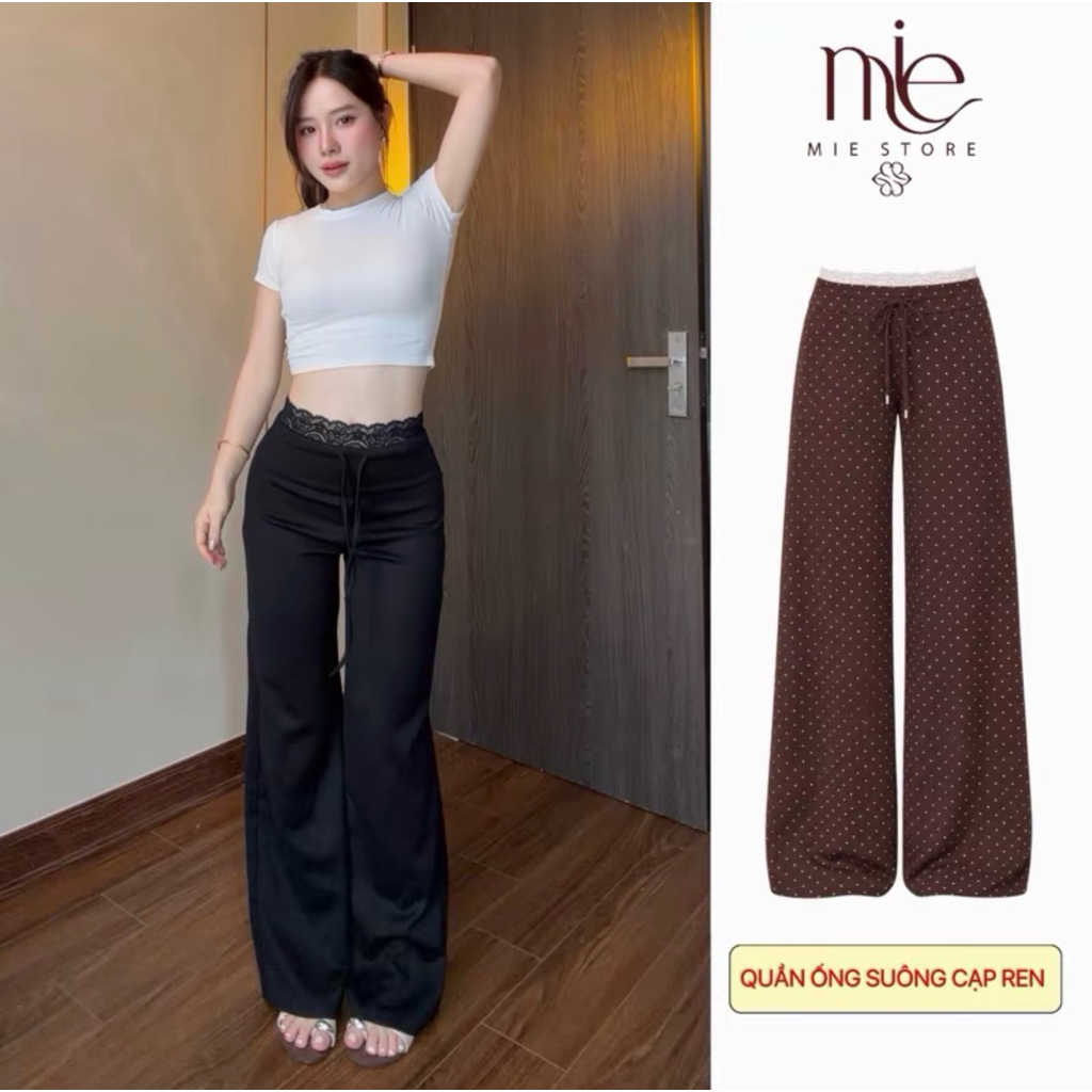 MIE - Quần suông cạp cao phối ren vải mì mịn co dãn, phong cách 666