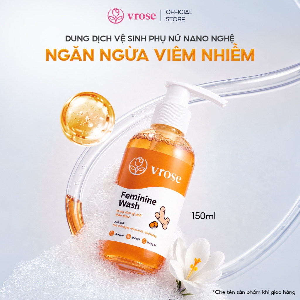 Dung dịch vệ sinh phụ nữ Nano nghệ VROSE 150ml - Làm sạch vùng kín, cân bằng PH