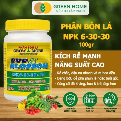 Phân Bón Lá Grow More NPK 6-30-30, GreenHome, Chai 100GR, Kích Ra Hoa, Tăng Đậu Quả