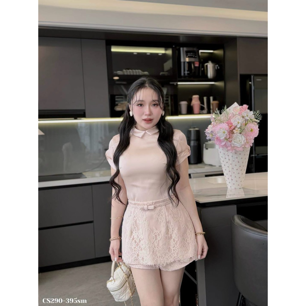 Cosy Set áo lụa cổ sen tay nơ váy quần pha ren nơ eo