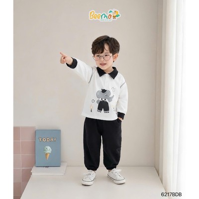 Set bộ dài tay Polo Beemo in hình voi ngộ nghĩnh, chât liệu vải da cá co giãn cho bé đi học, đi chơi từ 9-24kg 6217BDB