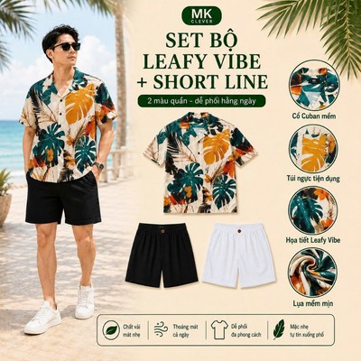 Set Bộ Nam Sơ Mi Cuban Leafy Vibe và Quần Short Đũi Line MK CLEVER Đồ bộ nam FormThoáng Mát, Set Đồ Nam Trẻ Trung Mùa Hè