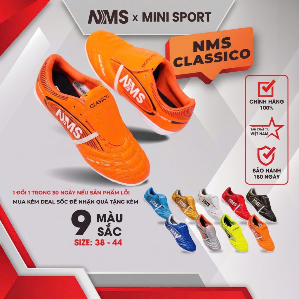 Giày Đá Bóng Cỏ Nhân Tạo NMS CLASSICO TF Lưỡi Gà Gập Cổ Điển, Upper PU, Đệm EVA Tặng Kèm Tất- MINI S