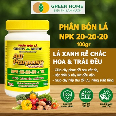 Phân Bón Lá Grow More NPK 20-20-20, GreenHome, Chai 100GR, To Củ, Lớn Trái, Chắc Hạt