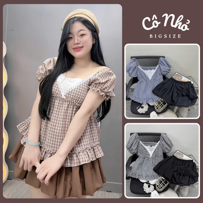 Set Áo Váy Bigsize Nữ Áo Babydoll Kẻ Caro Tay Ngắn Bo Gấu Phối Chân Váy Bí Dễ Thương A368+CV413