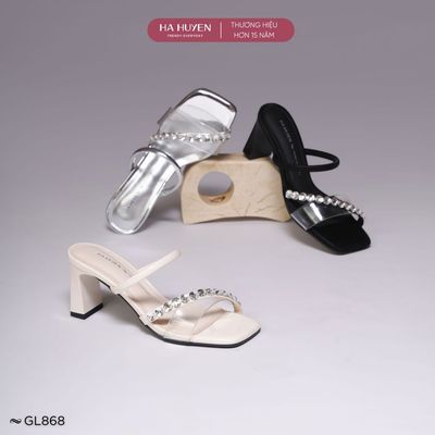 (Tăng 1 Size)Guốc, dép cao gót nữ sang trọng HÀ HUYỀN quai trong đính đá gót dẹt 7cm - GL868