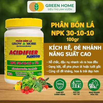 Phân Bón Lá Grow More NPK 30-10-10, GreenHome, Chai 100GR, Đẻ Nhánh Khỏe, Ra Lá Tốt