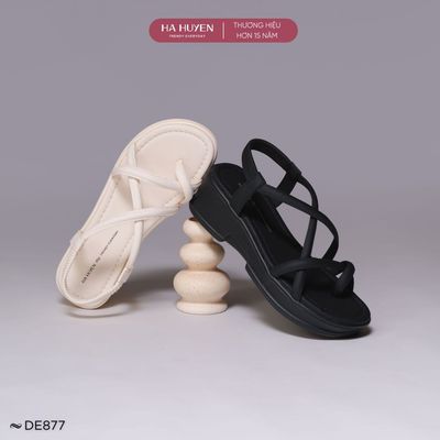Dép bánh mì, dép sandal nữ HÀ HUYỀN dép đi biển da lì quai chéo quai hậu chun độn đế 5cm - DE877
