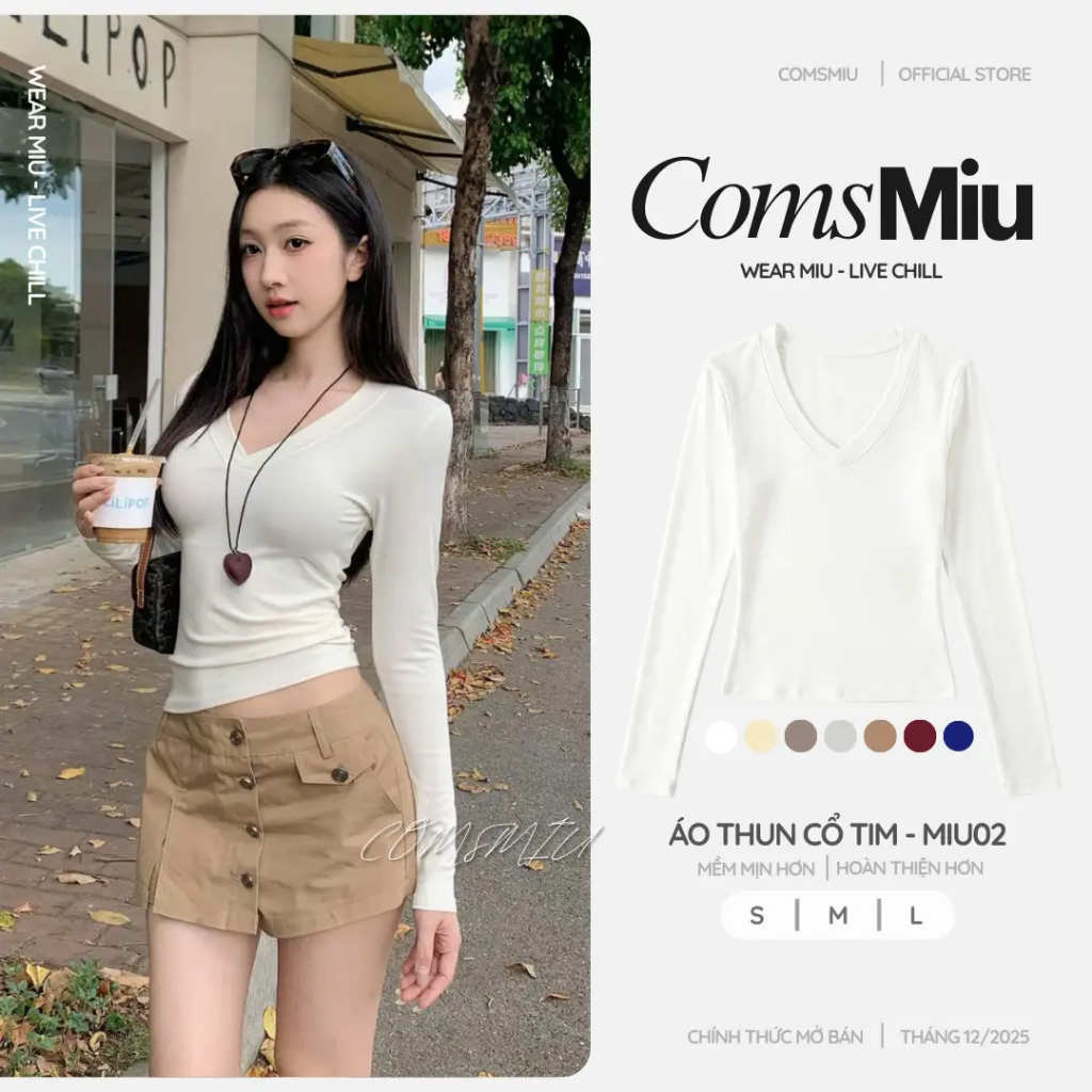 Áo Thun Dài Tay Cổ Tim ComsMiu - Vải Cotton Co Giãn 4 Chiều, Đã Xử Lý Co Rút, Bai Dão - MIU02