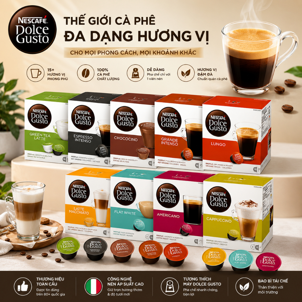 Cà Phê Viên Nén Dolce Gusto, Viên Nén Cafe Dolce Gusto 16 Viên Nhiều Vị Nhập EU, Hàng Chính Hãng