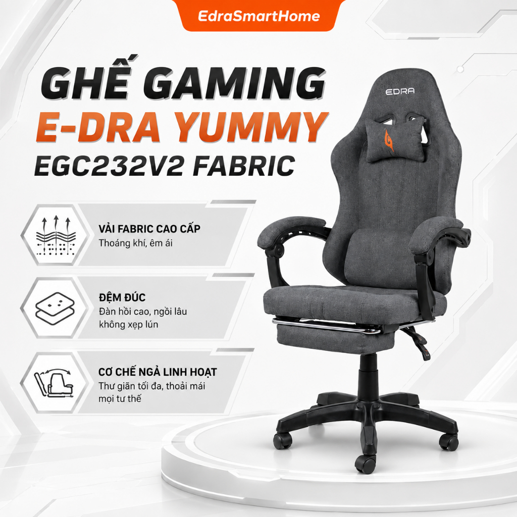 Ghế gaming Yummy chống mỏi cổ vai gáy EDRA, ghế xoay công thái học bọc vải Fabric cao cấp, dễ vệ sin