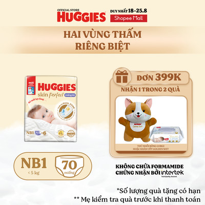 Miếng lót sơ sinh Huggies Skin Perfect NB1 64+4 miếng với 2 vùng thấm giảm kích ứng da
