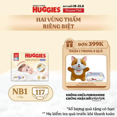 Miếng lót sơ sinh Huggies Skin Perfect NB1 108+6 miếng với 2 vùng thấm giảm kích ứng da