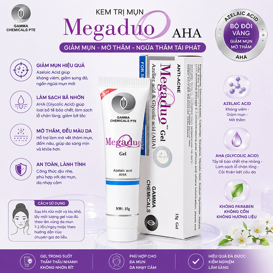 Gel Megaduo AHA Giảm Mụn Mờ Thâm Gamma Chemicals 15g | Azelaic Acid & Glycolic Acid