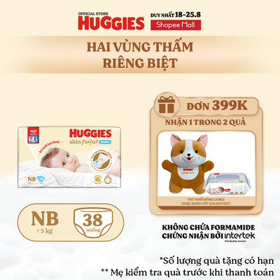 Tã/bỉm dán sơ sinh Huggies Skin Perfect NB 38 miếng với 2 vùng thấm giảm kích ứng da
